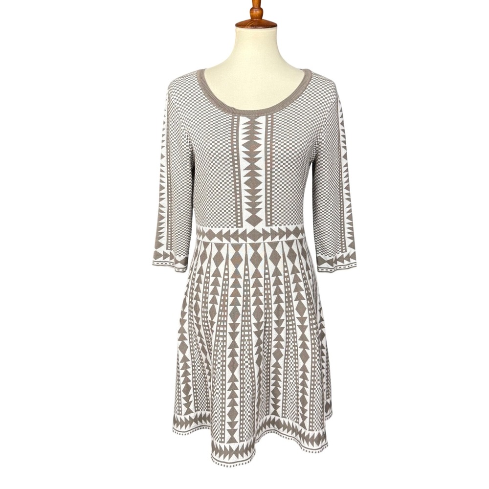 Nina Leonard Dress Womens Large Tan Skater Geometric Nordic A-Line Sweater Knit
